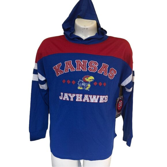 NWT Kansas Jayhawks Colosseum Girls Blue Logo Hooded T-Shirt M - Picture 1 of 6
